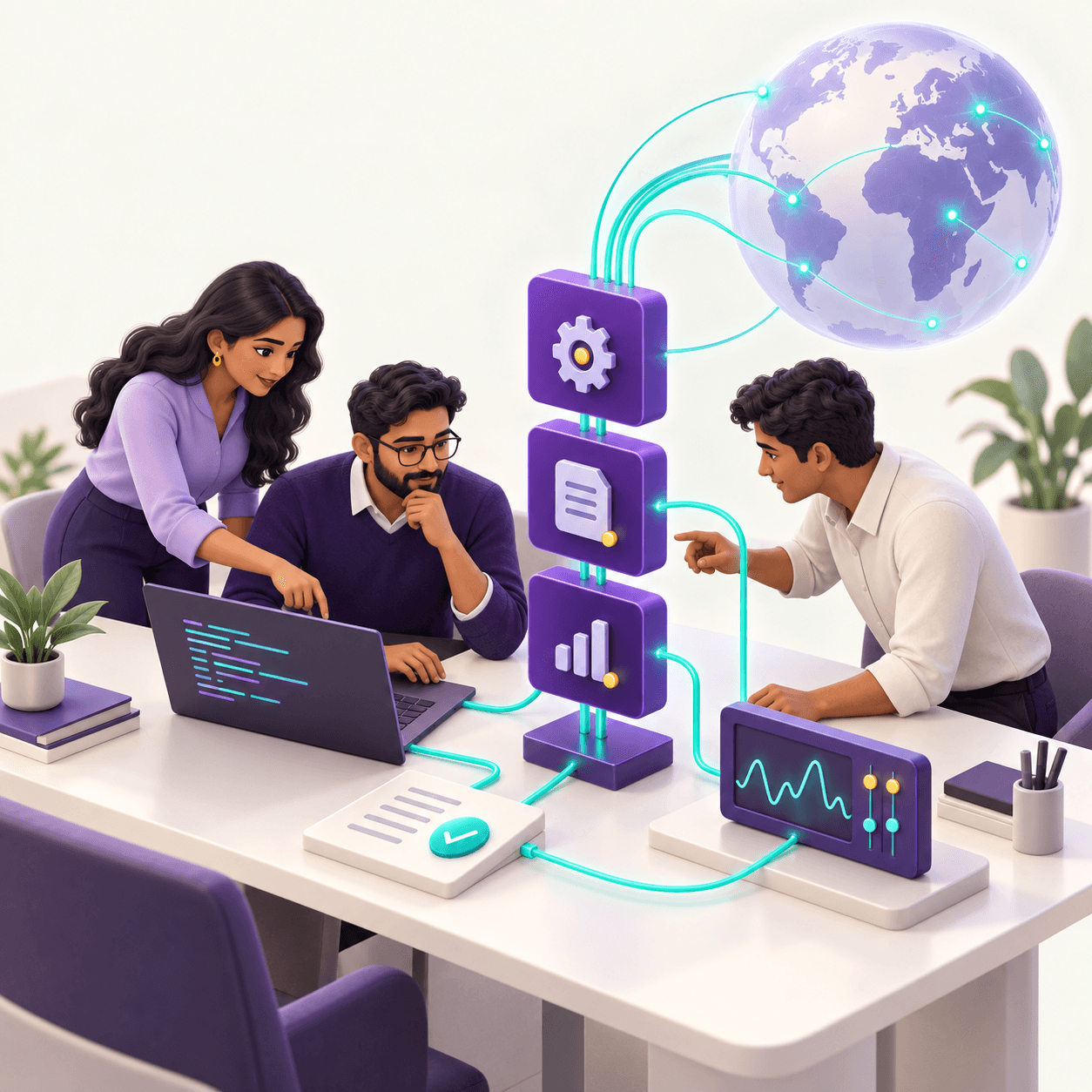 Conceptual illustration of an Indian engineering team connecting technical work, reviewed evidence and monitoring to a global network.