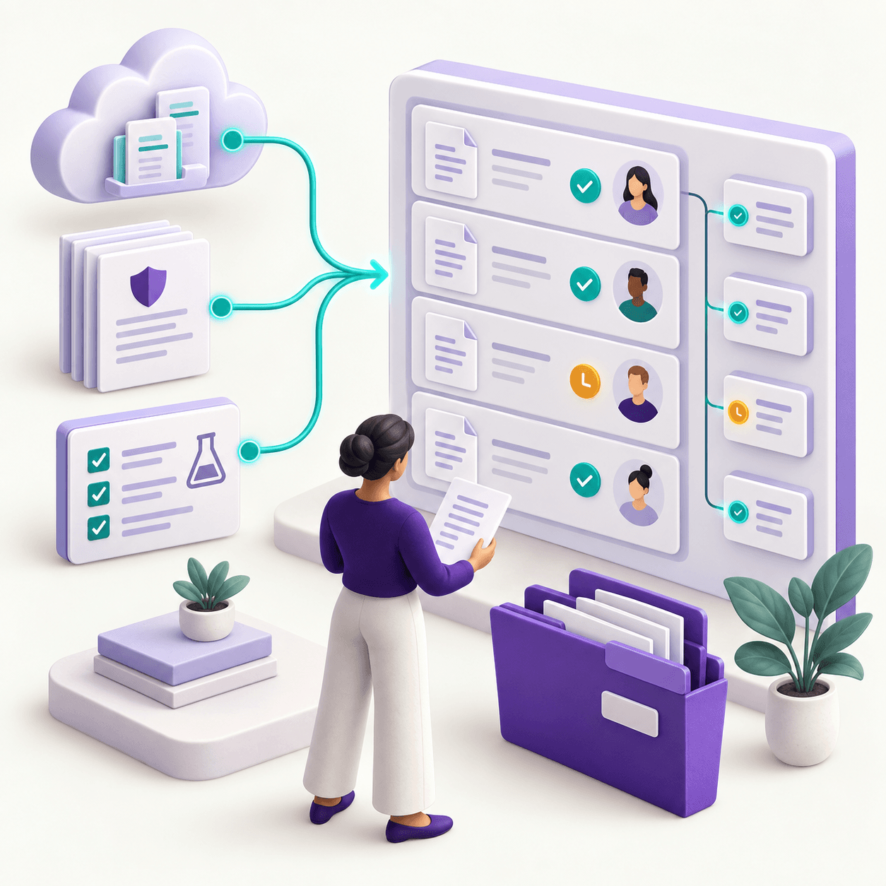 Cloud records, policies and test results connect to organized evidence with assigned owners, reviewed controls and pending items, while a team member reviews a document.