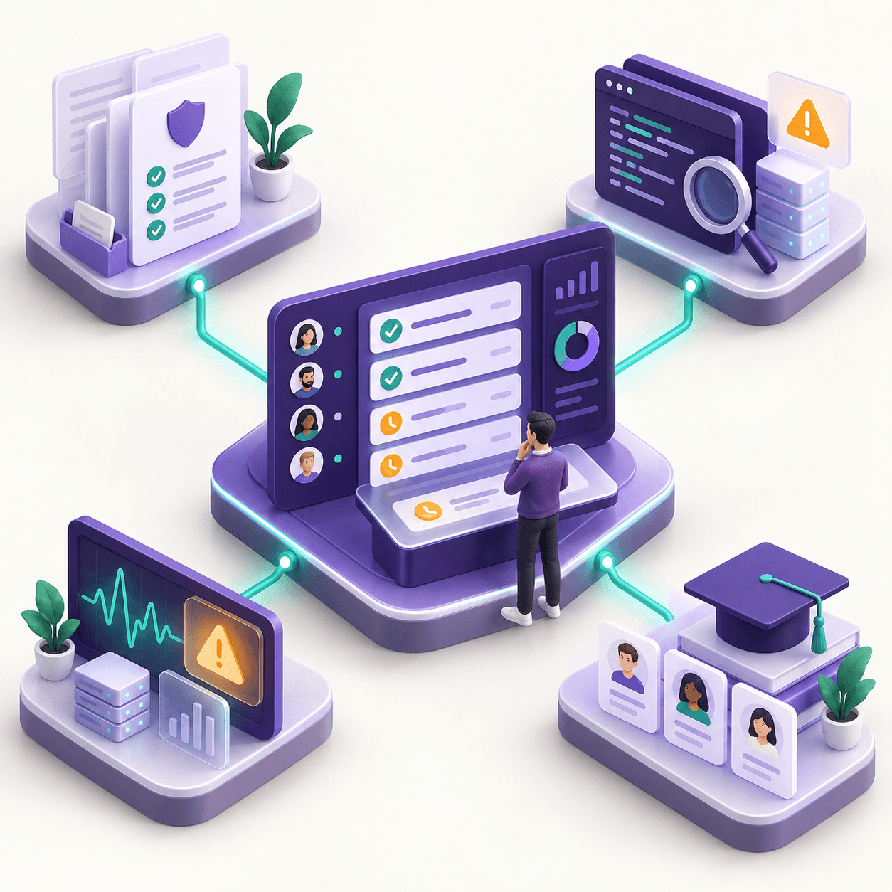 Compliance evidence, vulnerability testing, threat monitoring and employee training connect to one workspace where an analyst reviews assigned security tasks.