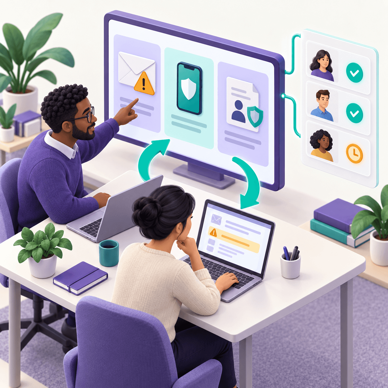 Employees practice recognizing suspicious emails, safe authentication and responsible information handling, with learning progress connected to employee records.
