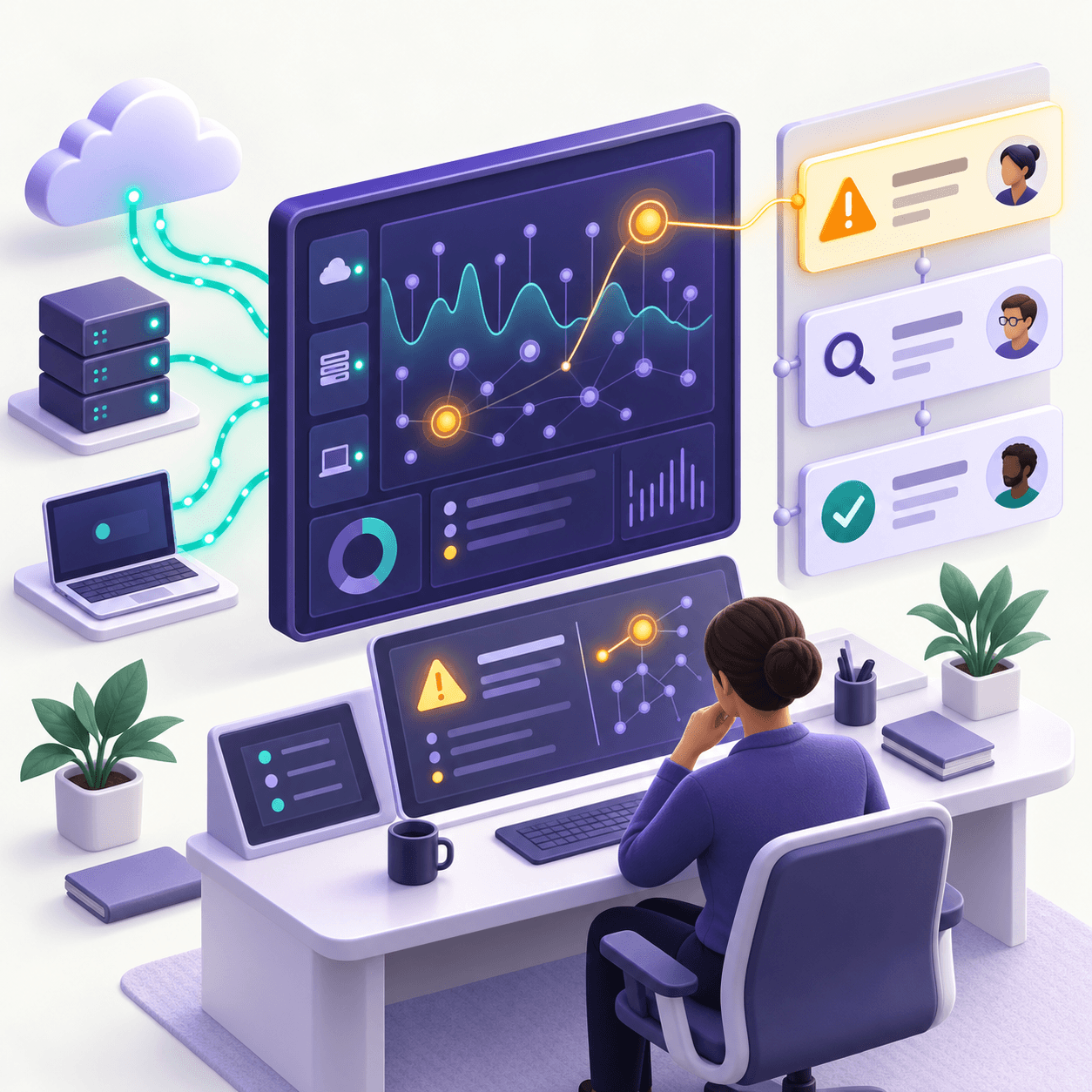 Cloud, server and endpoint signals feed a monitoring workspace where an analyst investigates highlighted alerts and tracks incidents with assigned owners.
