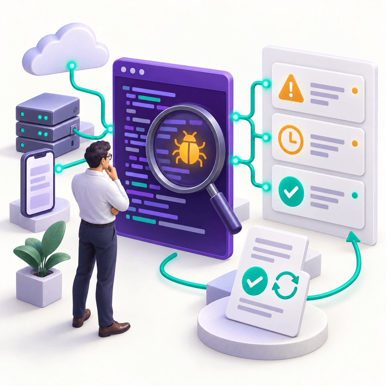 A security tester examines an application connected to mobile, cloud and server systems, with findings tracked through prioritization, remediation and verified retesting.