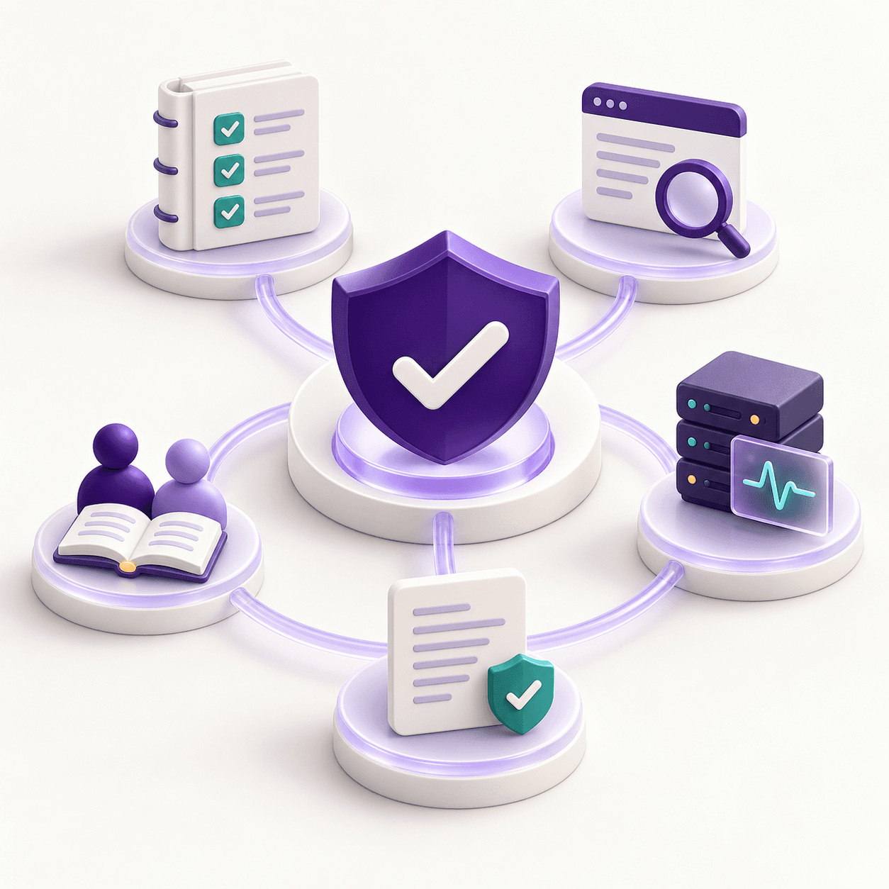 Compliance evidence, application testing, security monitoring, workforce learning and customer trust connected around a central security shield.