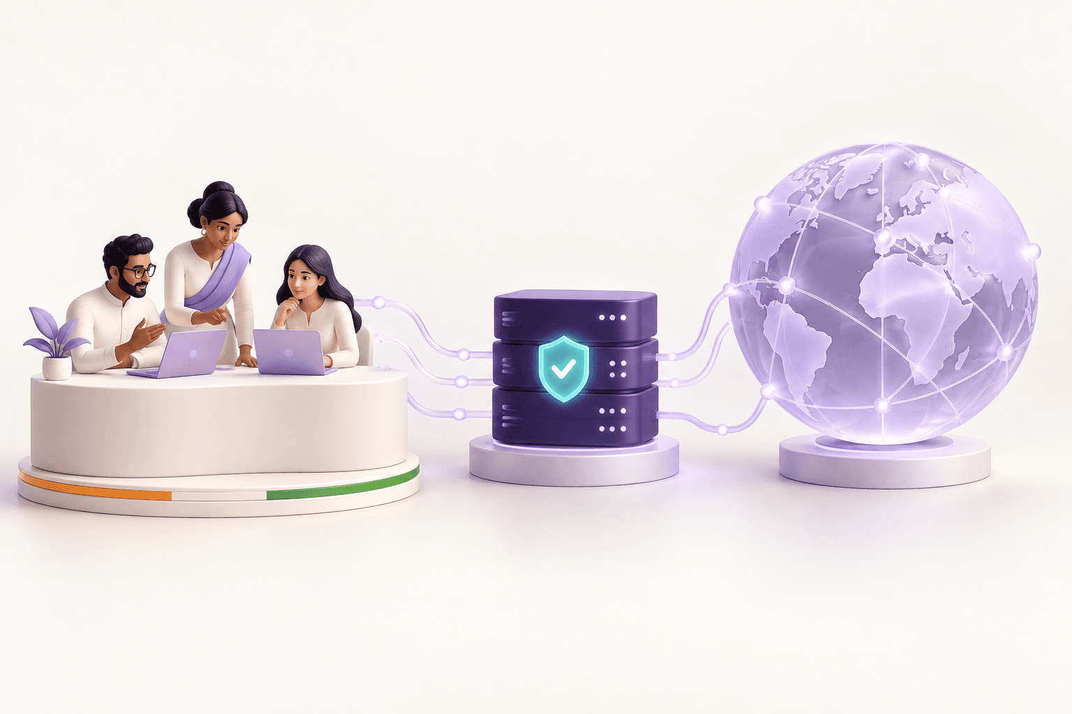 An Indian technology team collaborating on a security platform connected to businesses around the globe.