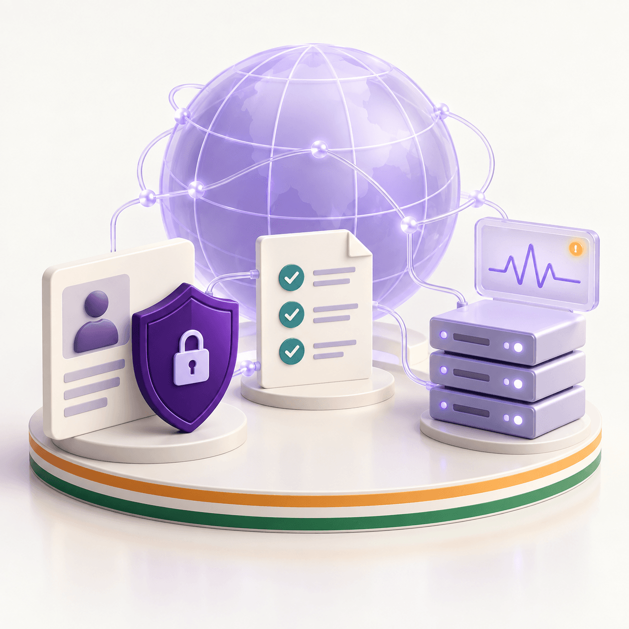 Personal-data protection, audit evidence and security monitoring connected to a globe on an India-inspired tricolor platform.