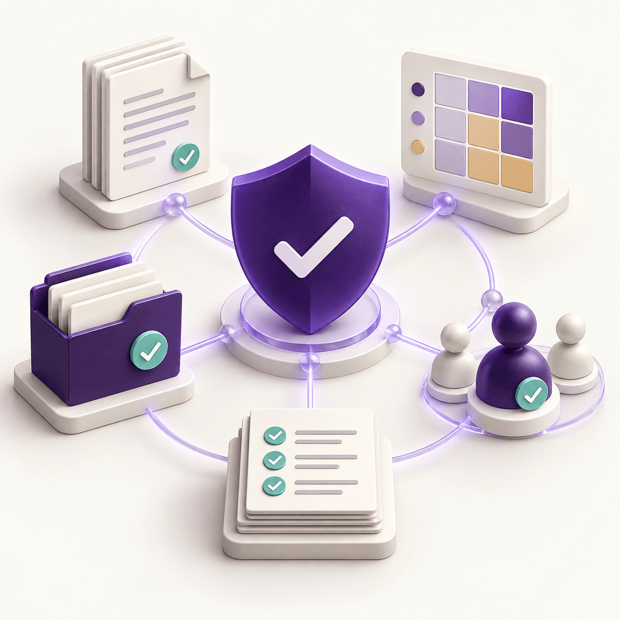 An information security management system connecting policies, risk assessment, evidence and people around a protective shield.