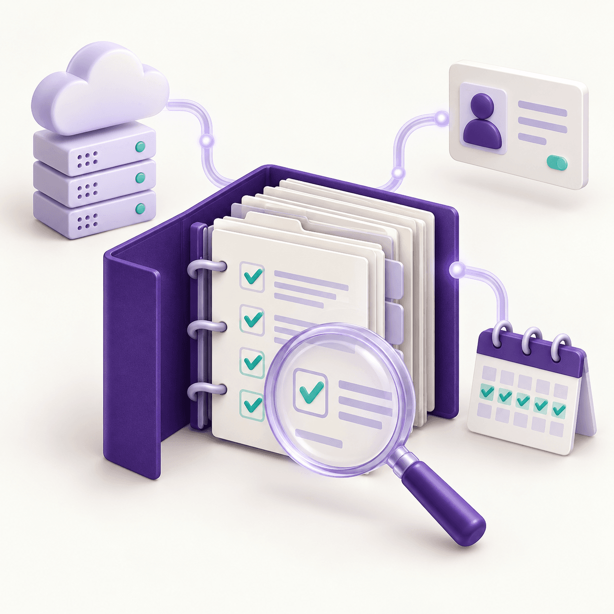 Organized security evidence under review, connected to cloud systems, access records and ongoing control checks.